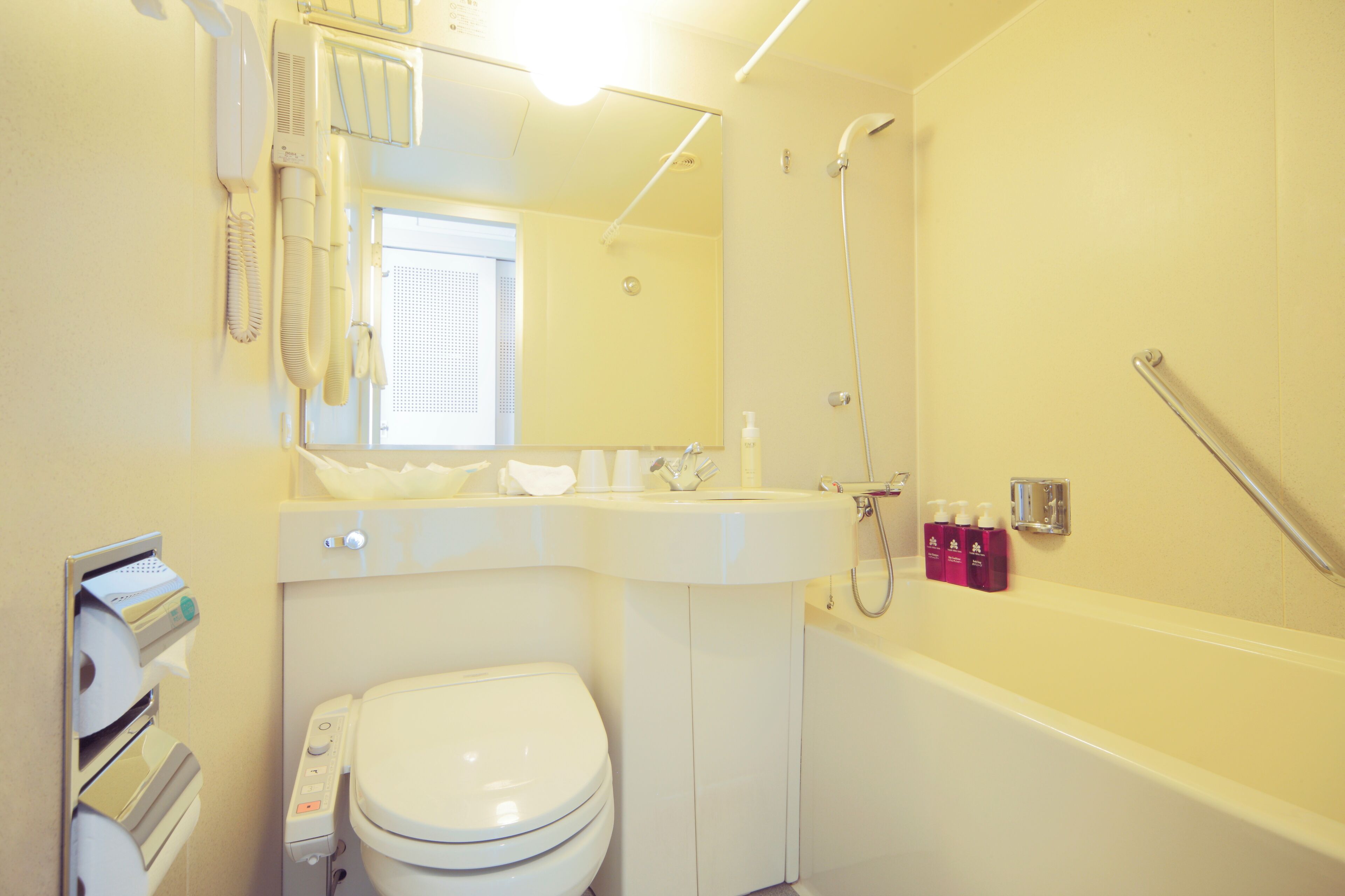 Un baño con inodoro, lavamanos y ducha.