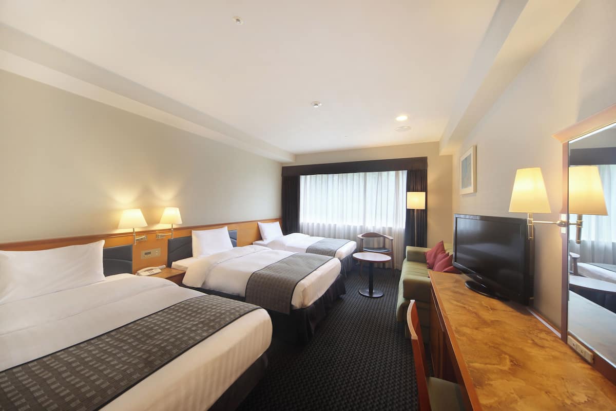 Habitación de hotel con dos camas, un escritorio, un televisor y una silla.