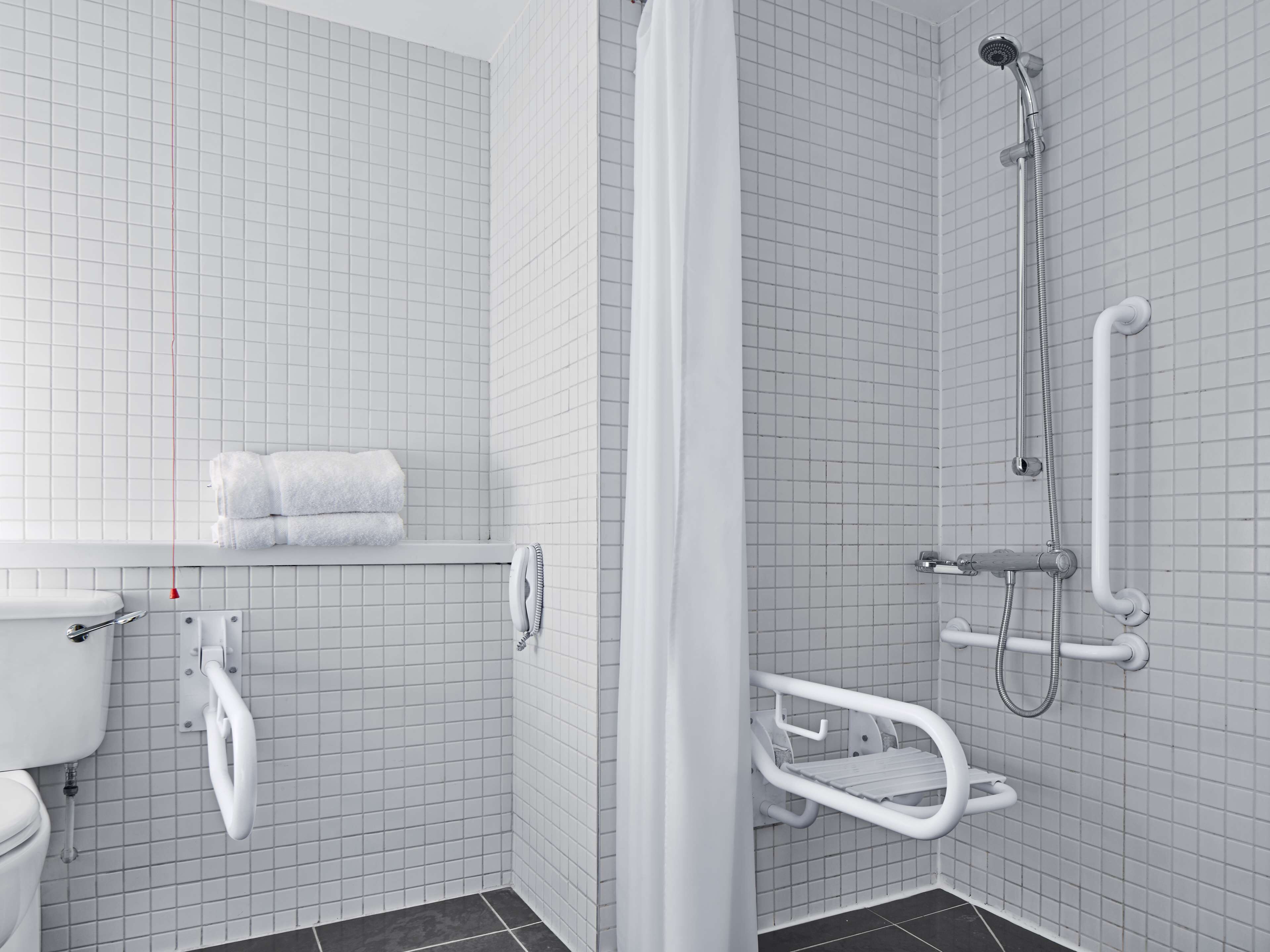 A modern bathroom with a toilet, a shower with a handheld showerhead, and a grab bar.