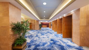 Un couloir d’hôtel avec un tapis à motifs, des portes en bois et une plante en pot.