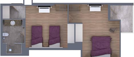 Habitación de hotel con piso de madera, dos camas con ropa de cama púrpura, un armario blanco, un baño pequeño con inodoro y lavamanos, y una ventana con persianas.