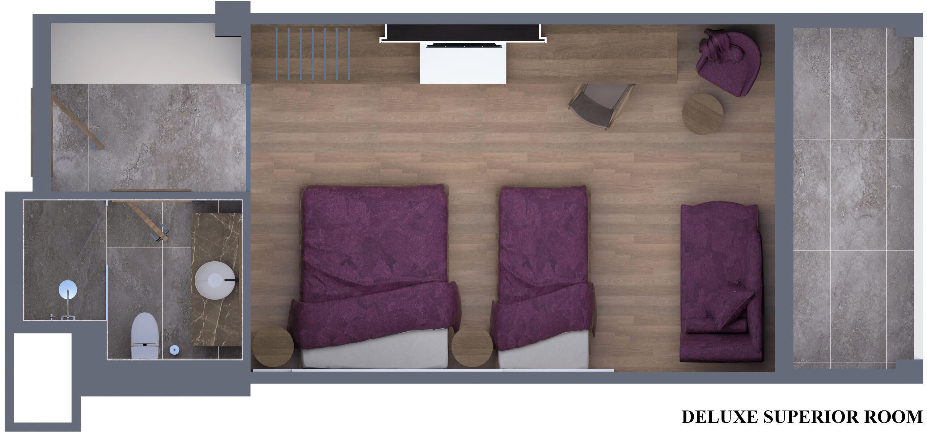 A DELUXE SUPERIOR ROOM with a wooden floor, two beds with purple bedding, a small table, a chair, and a window.