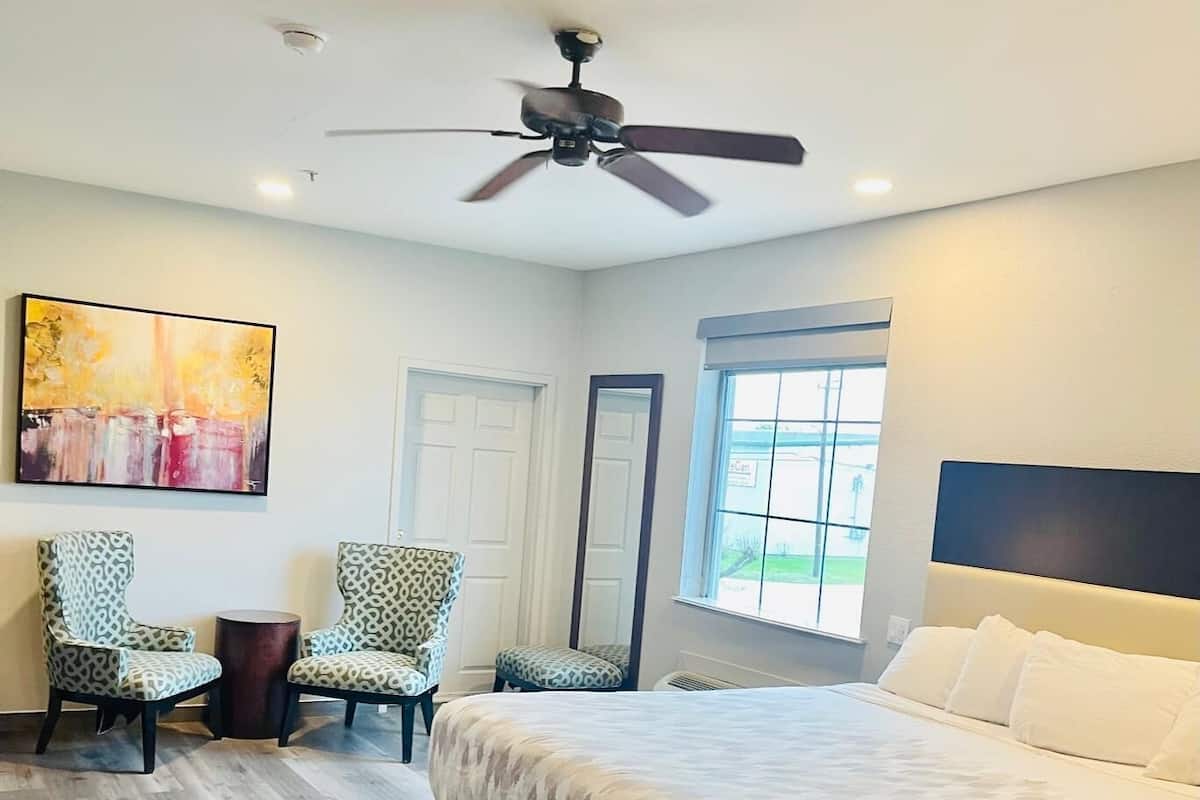A bedroom with a large bed, two patterned chairs, a ceiling fan, and a painting on the wall.