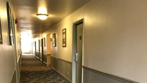 Een hotelgang met een kamerbreed tapijt, deuren en beelden in lijsten aan de muur.