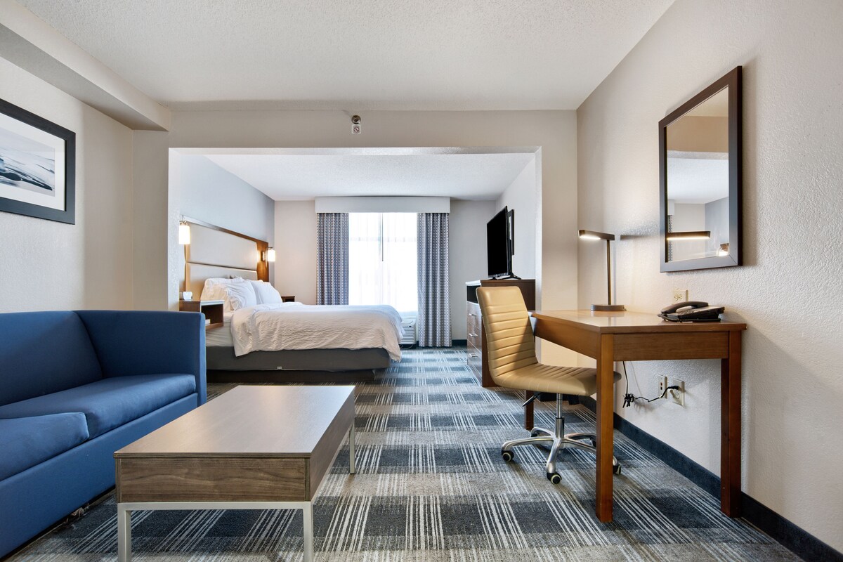 A hotel room with a bed, a desk, a chair, a sofa, and a television.