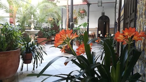 A courtyard with potted plants, a fountain, and hanging planters. - Casa de los Azulejos (Córdoba)
