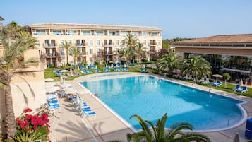 Indoor pool, outdoor pool, pool umbrellas, sun loungers