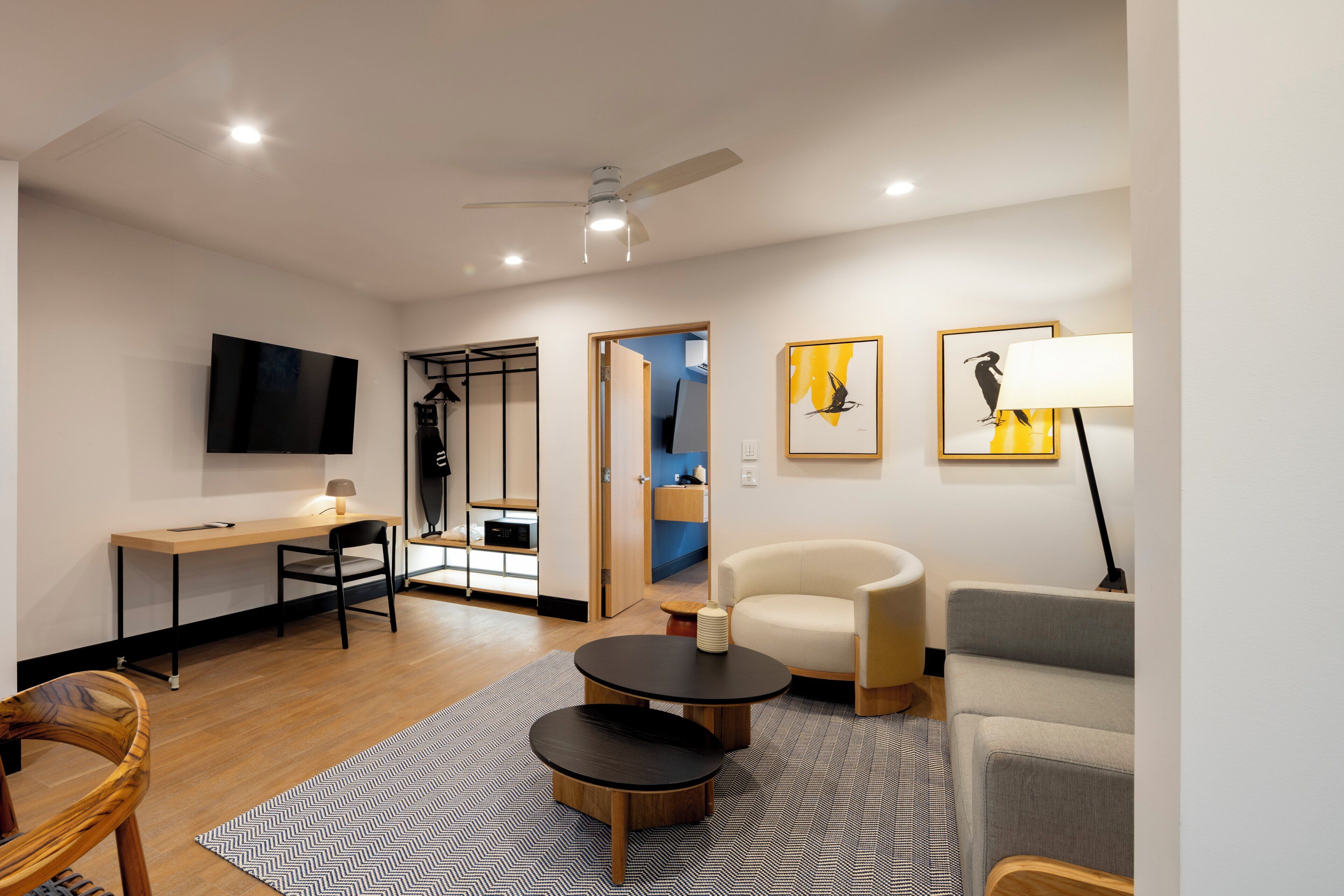 A modern living room with a flat-screen TV, a desk, a sofa, a chair, and a ceiling fan.