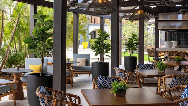 An outdoor seating area with wicker furniture, potted plants, and a view of the outdoors. - voco Surfside Aruba by IHG (Oranjestad)