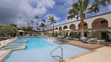 Outdoor pool, open 8:00 AM to 8:00 PM, pool umbrellas, sun loungers