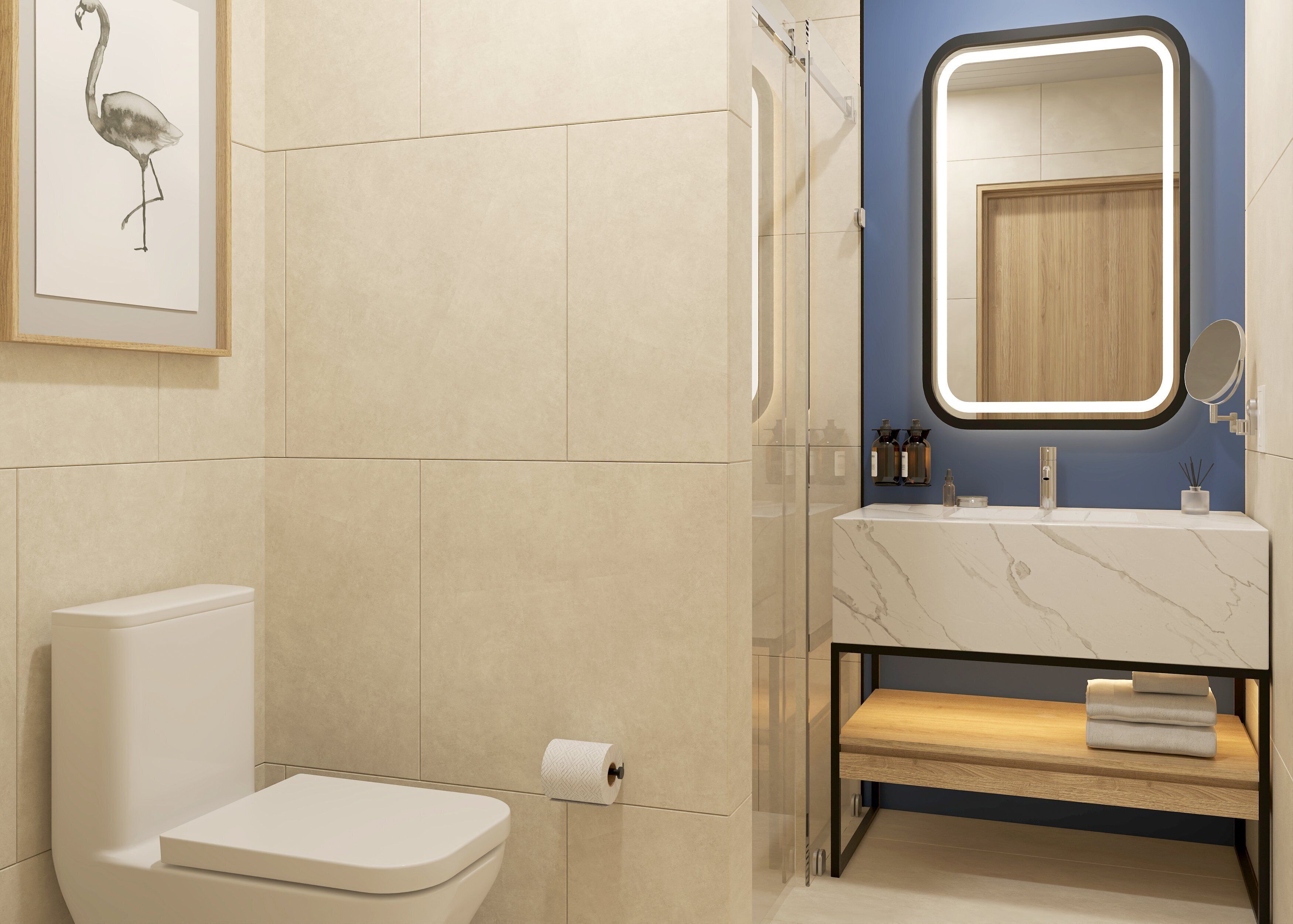 Un baño moderno con inodoro, ducha y lavamanos.