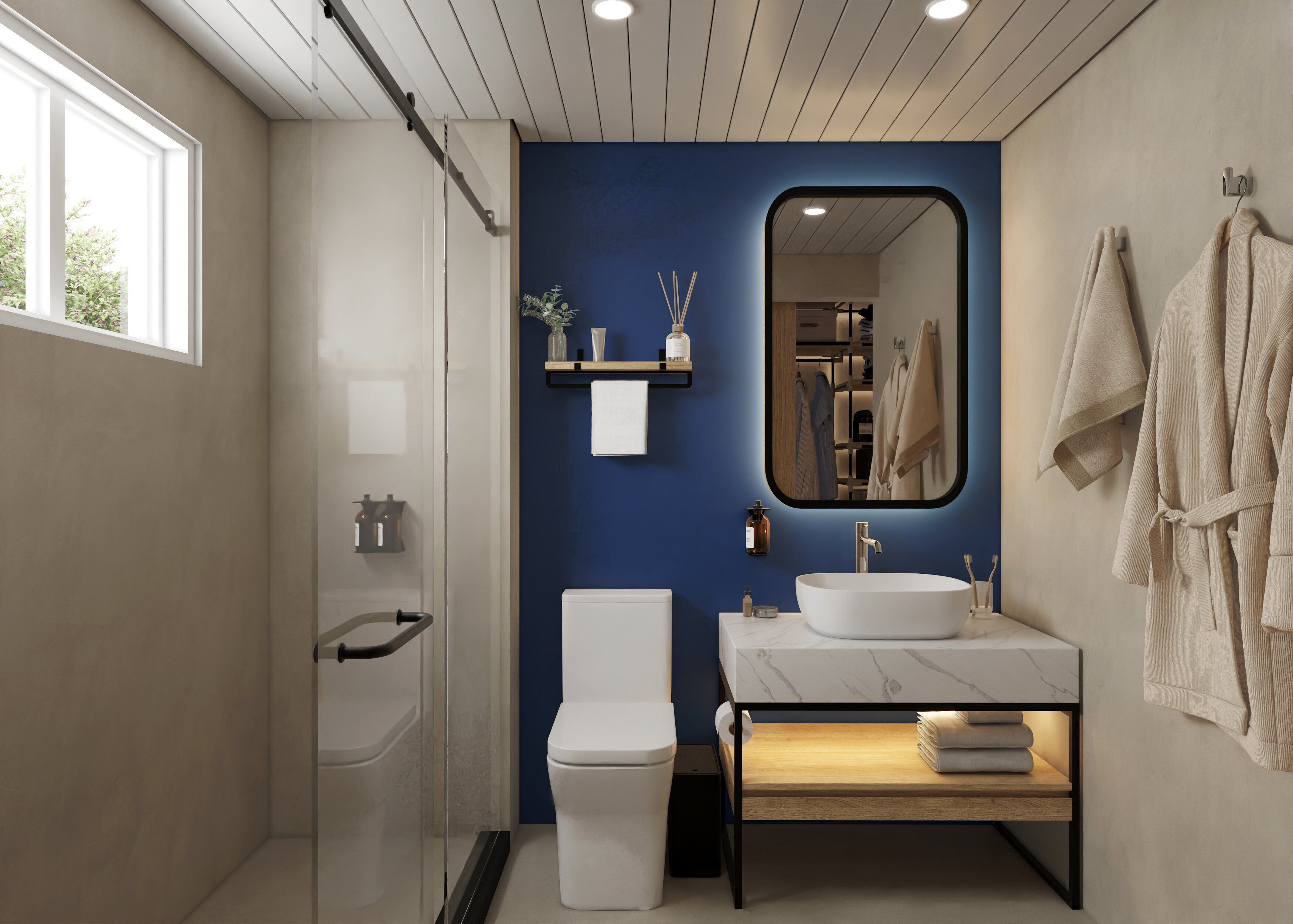 Dusj, hårføner og håndklær