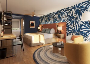 Caja fuerte, escritorio, cortinas opacas y tabla de planchar con plancha