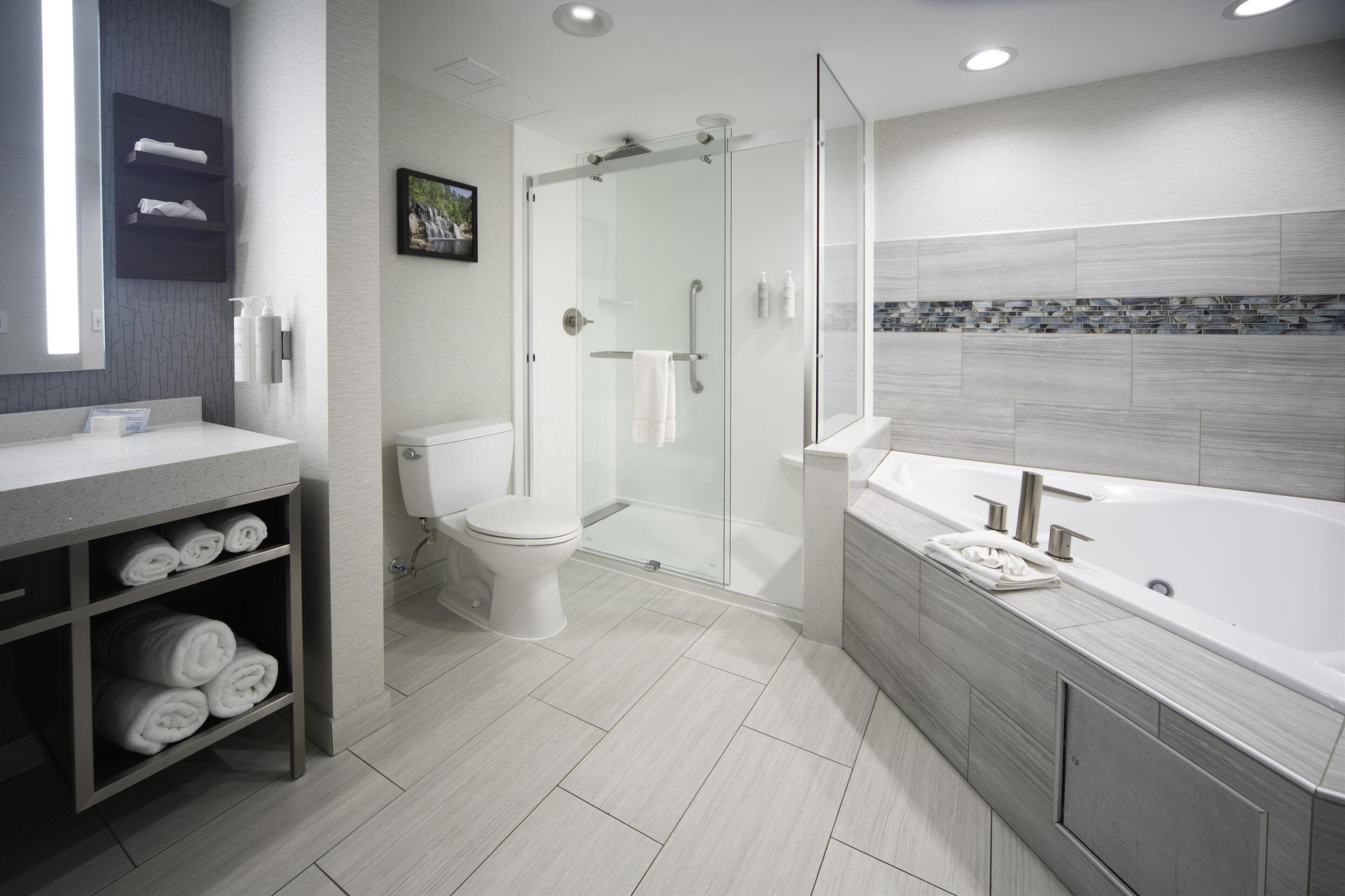 A modern bathroom with a glass-enclosed shower, a separate toilet, and a large bathtub.