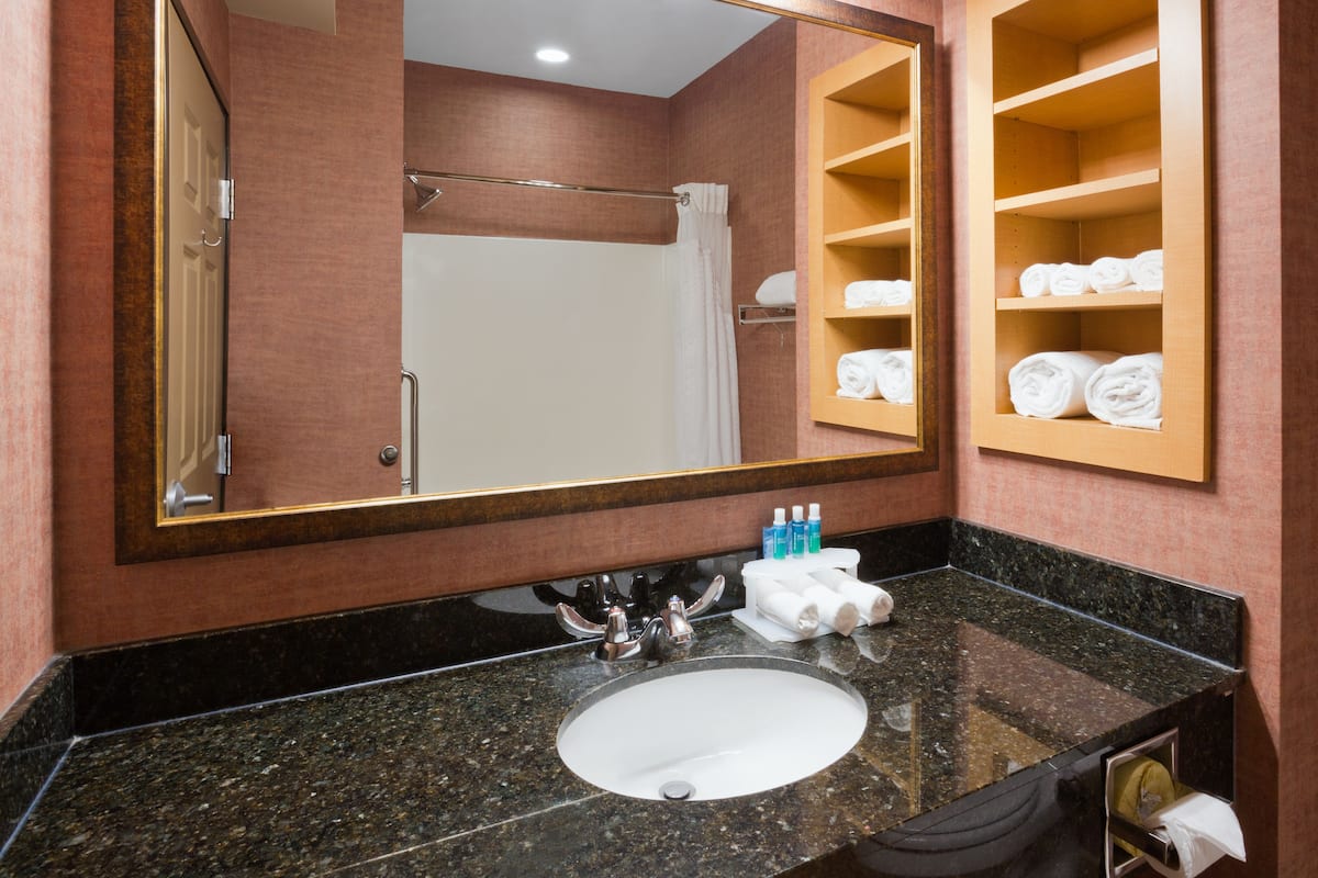 Combined shower/tub, free toiletries, hair dryer, towels