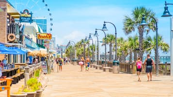 A boardwalk with outdoor seating, palm trees, and a Ferris wheel in the background.