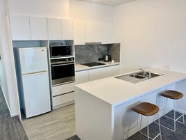 Fridge, microwave, stovetop, electric kettle