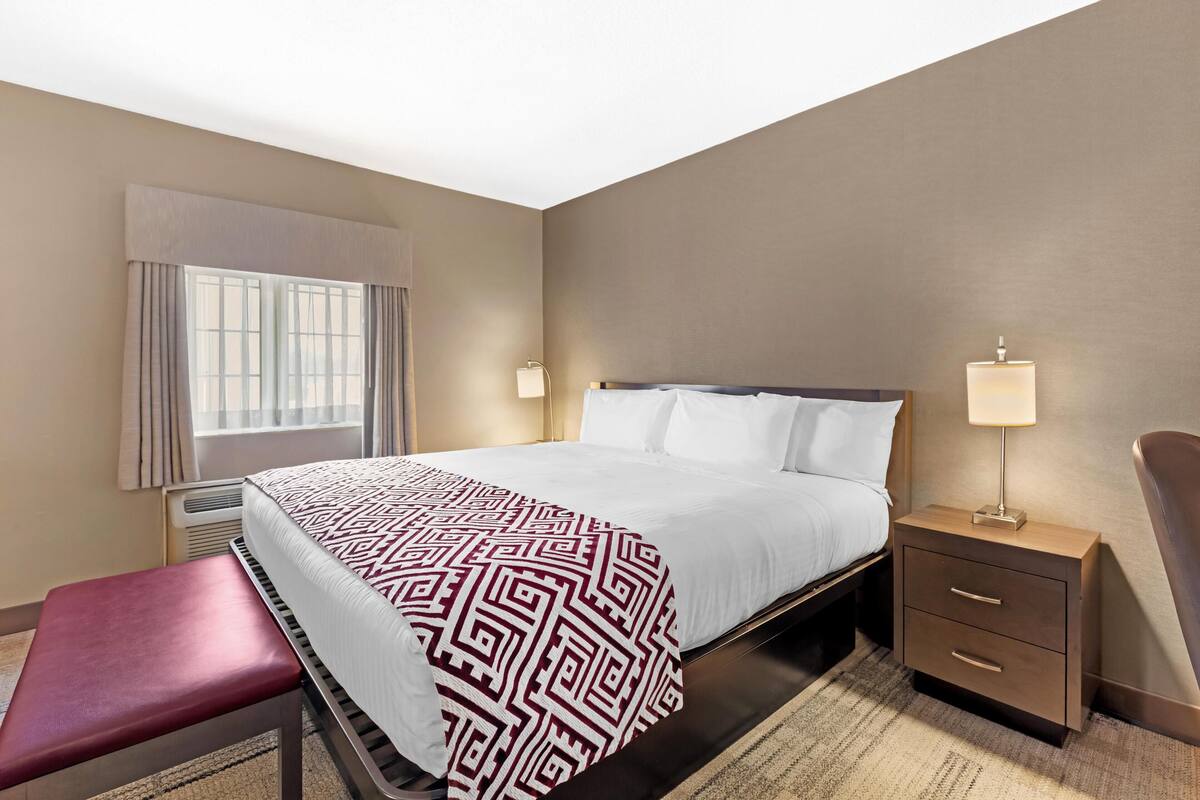 A hotel room with a bed, bedside table, lamp, and a window with curtains.