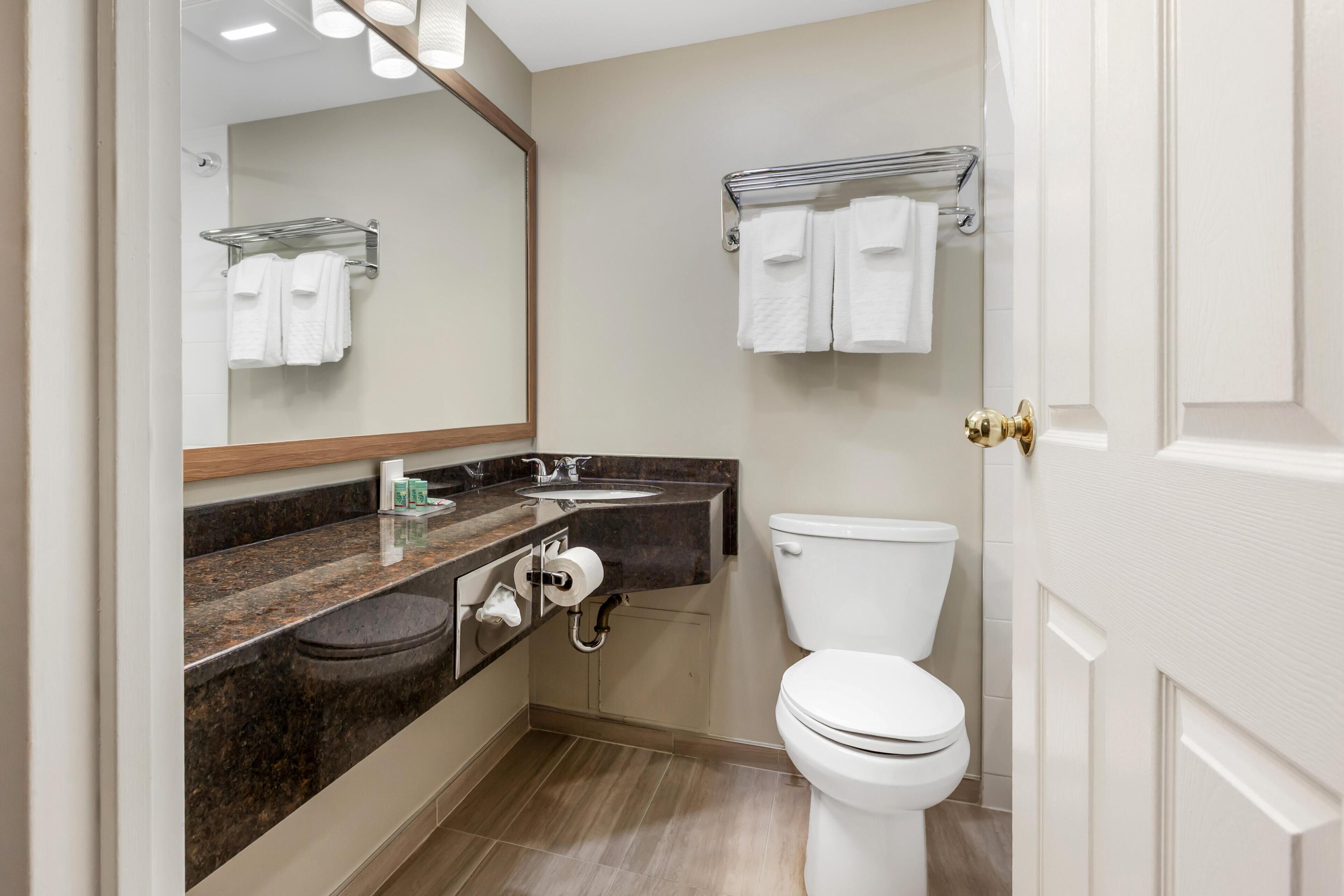 A bathroom with a toilet, sink, mirror, towel rack, and marble countertop.