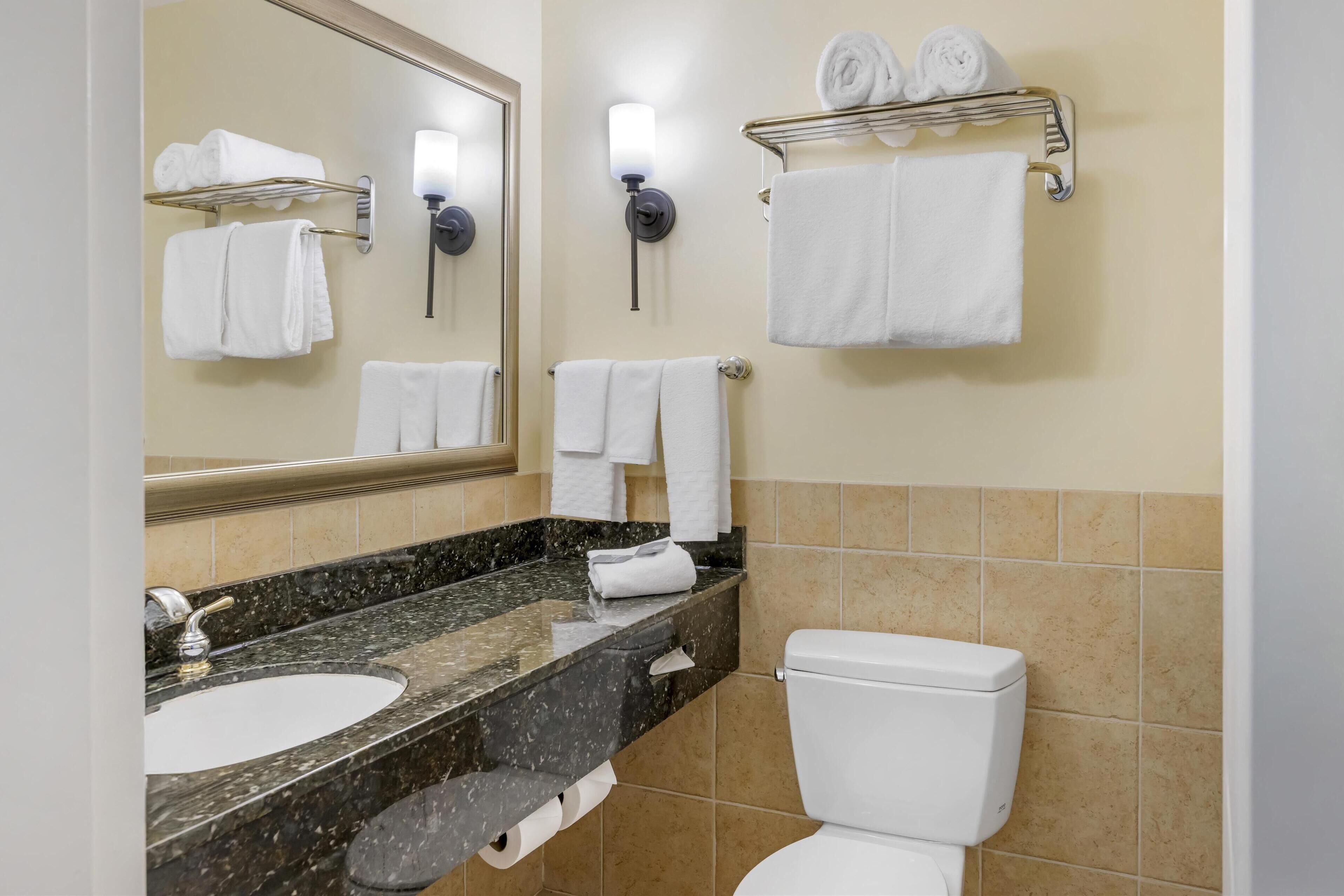 Un baño con lavabo, espejo, toallero y retrete.