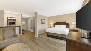 A hotel room with a bed, a TV, a sofa, and a desk. - Best Western Plus Vineyard Inn & Suites (Penn Yan)