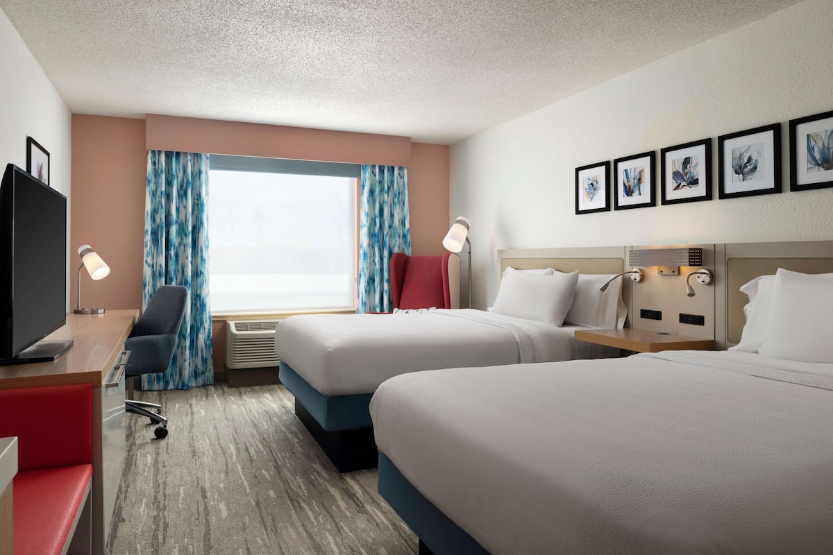 premium bedding, desk, blackout curtains, iron/ironing board