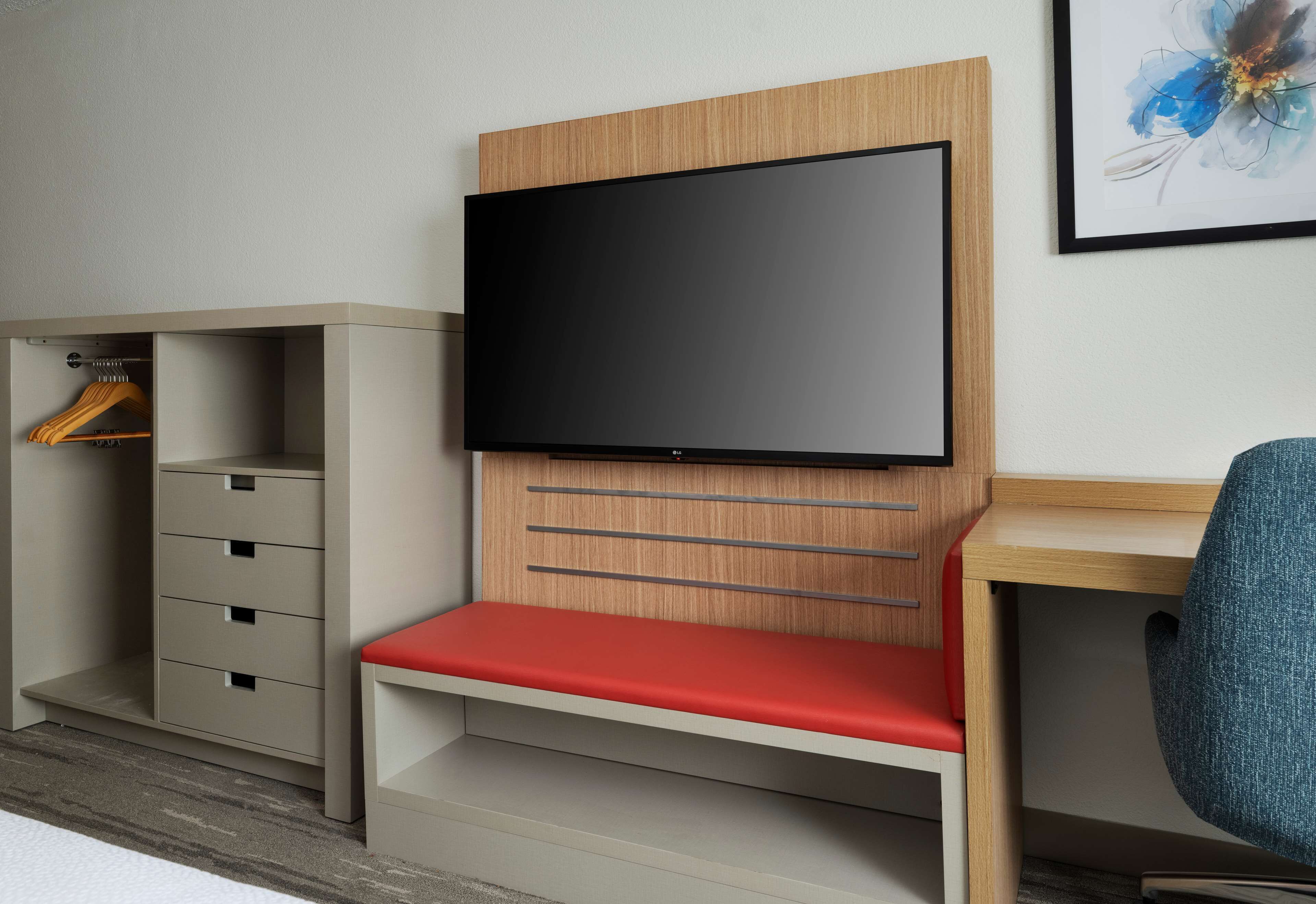 premium bedding, desk, blackout curtains, iron/ironing board