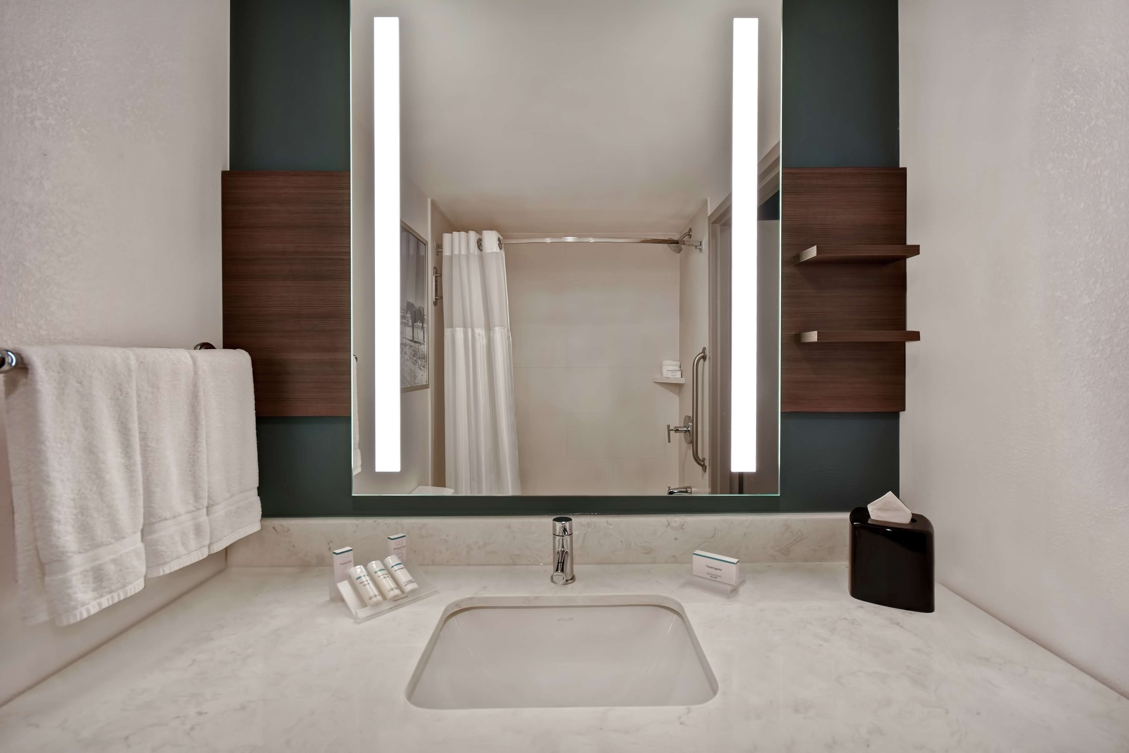 combined shower/bathtub, free toiletries, hair dryer, towels