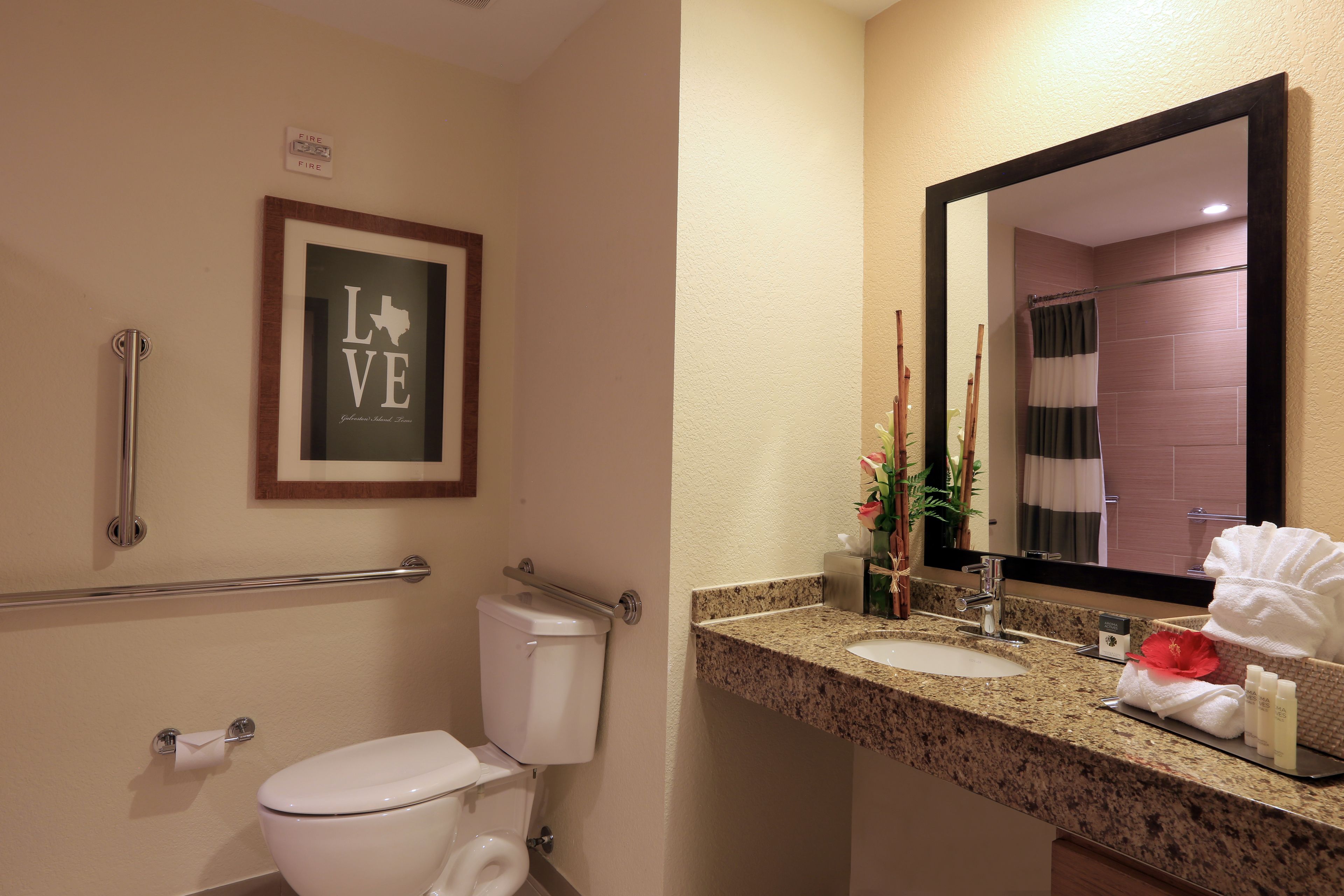 A bathroom with a toilet, a handrail, a framed 'LOVE' sign, a sink with toiletries, and a mirror reflecting a shower area.
