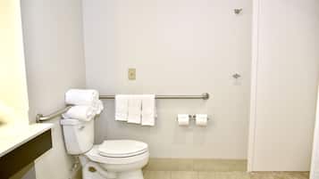 A standard bathroom with a toilet, a towel rack, and a handrail.