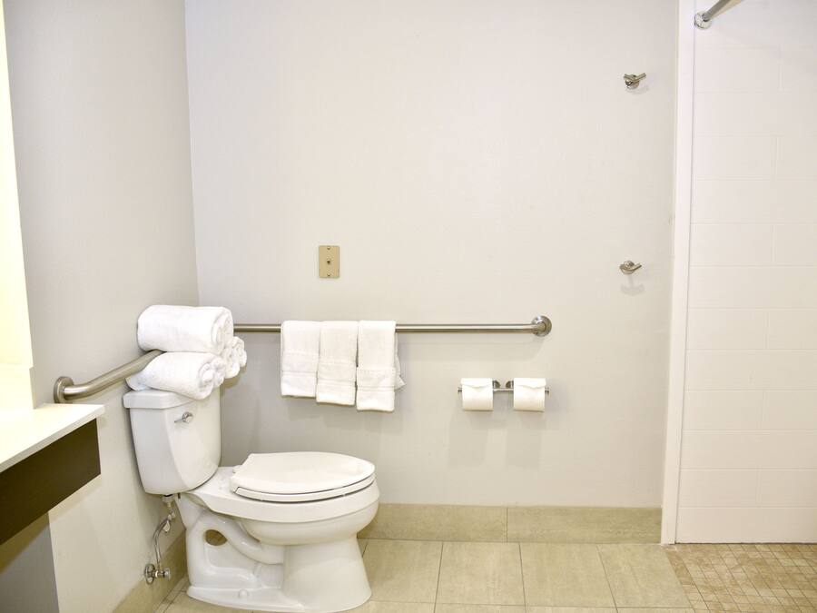 A standard bathroom with a toilet, a towel rack, and a handrail.