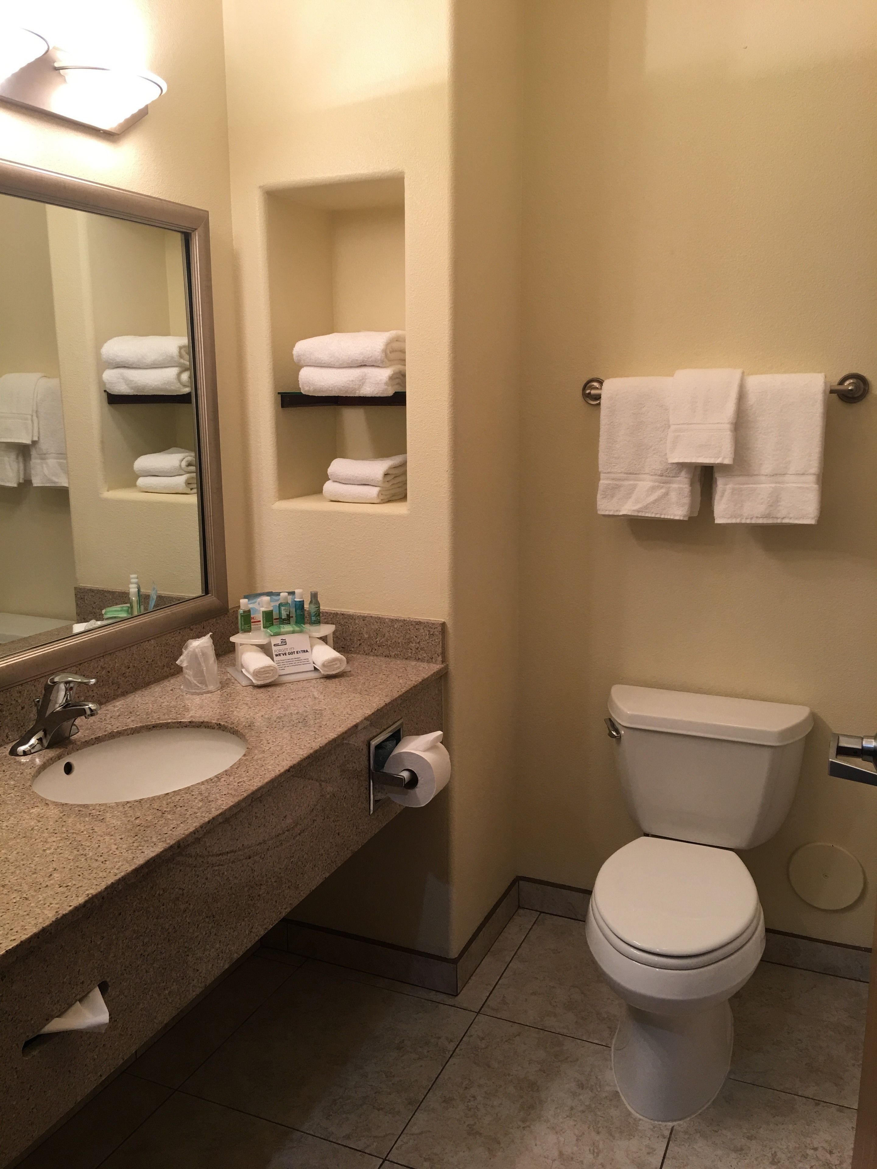 combined shower/bathtub, free toiletries, hair dryer, towels