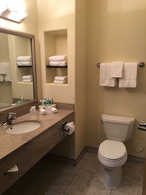 A bathroom with a sink, mirror, towel rack, toilet, and shelves with toiletries. - Holiday Inn Express & Suites Alamosa by IHG (Alamosa)
