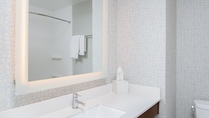 A bathroom with a white sink, a mirror, and a toilet. - Holiday Inn Express Hotel & Suites Bismarck by IHG (Bismarck)