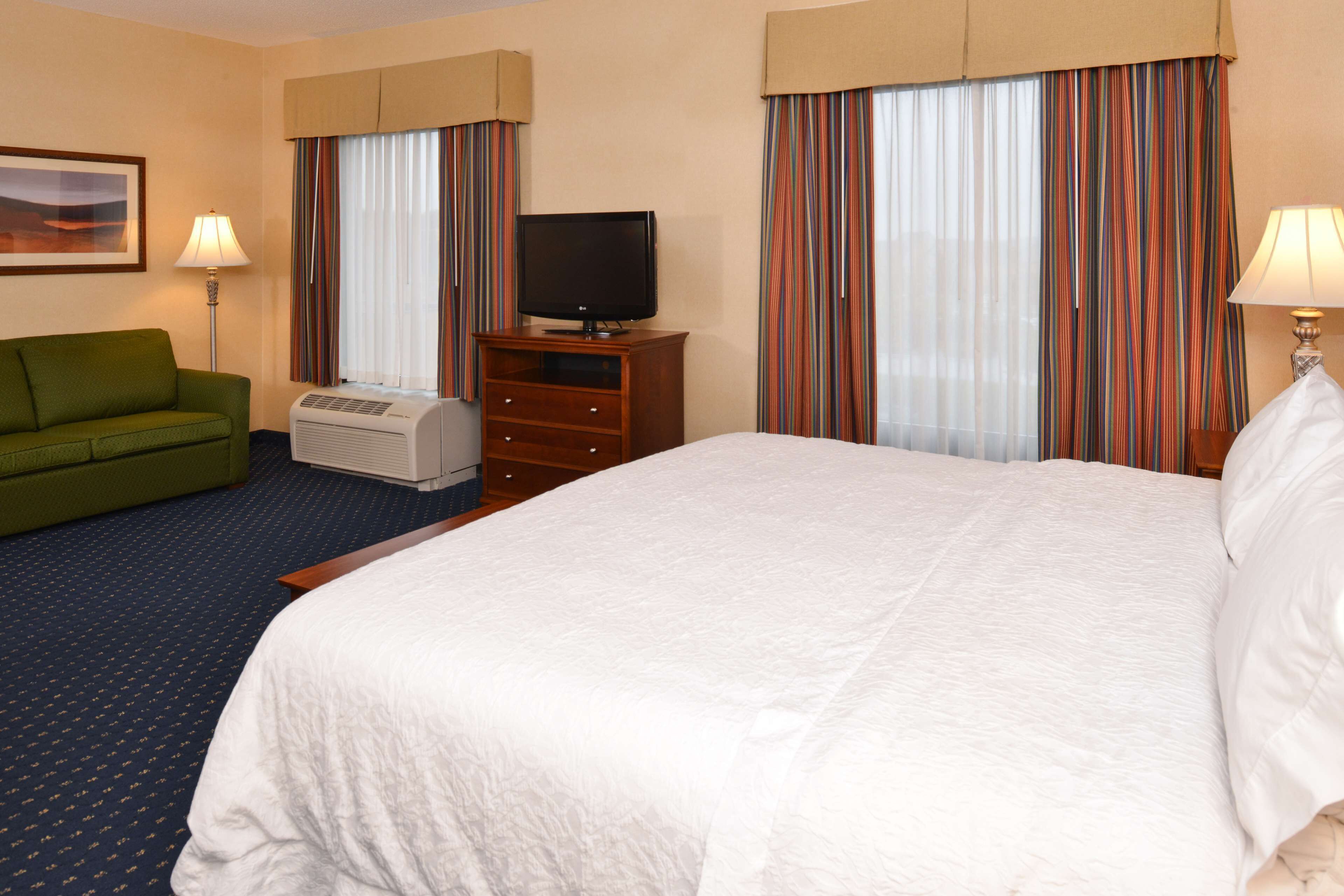 Habitación de hotel con una cama grande, un sofá verde, un televisor de pantalla plana sobre un soporte de madera y una ventana con cortinas a rayas.