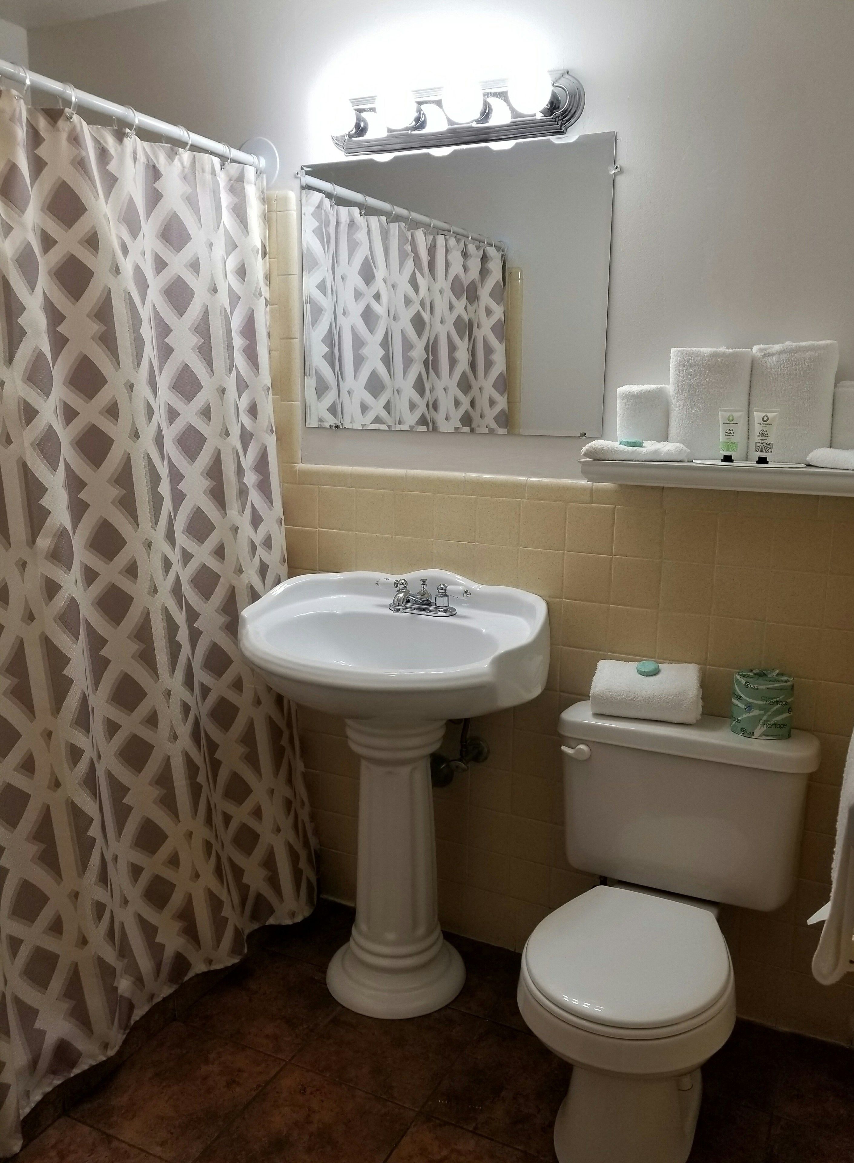 A bathroom with a pedestal sink, toilet, and a shower curtain.
