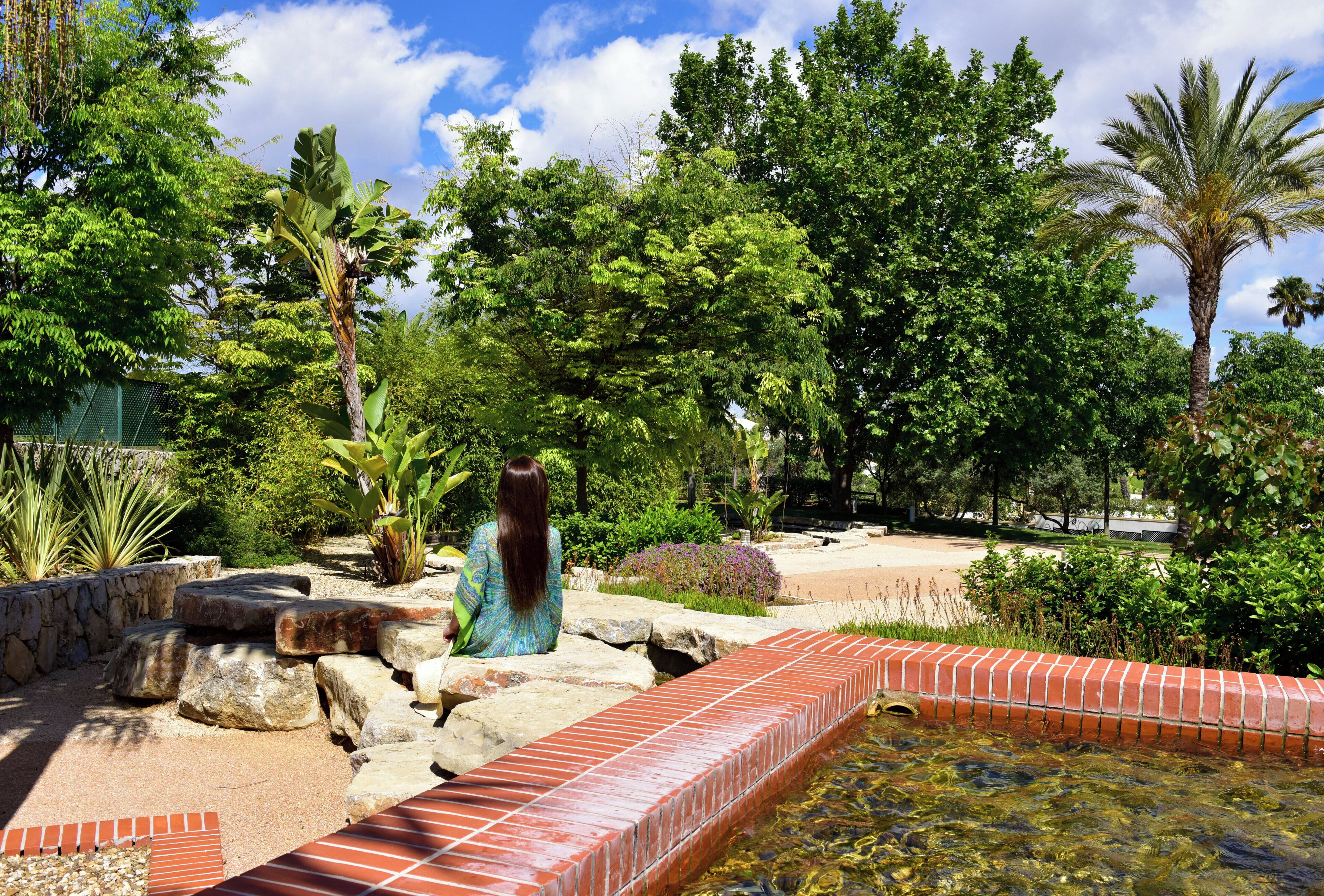 Ein Garten mit Wasserspiel, Steintreppe und verschiedenen Pflanzen.