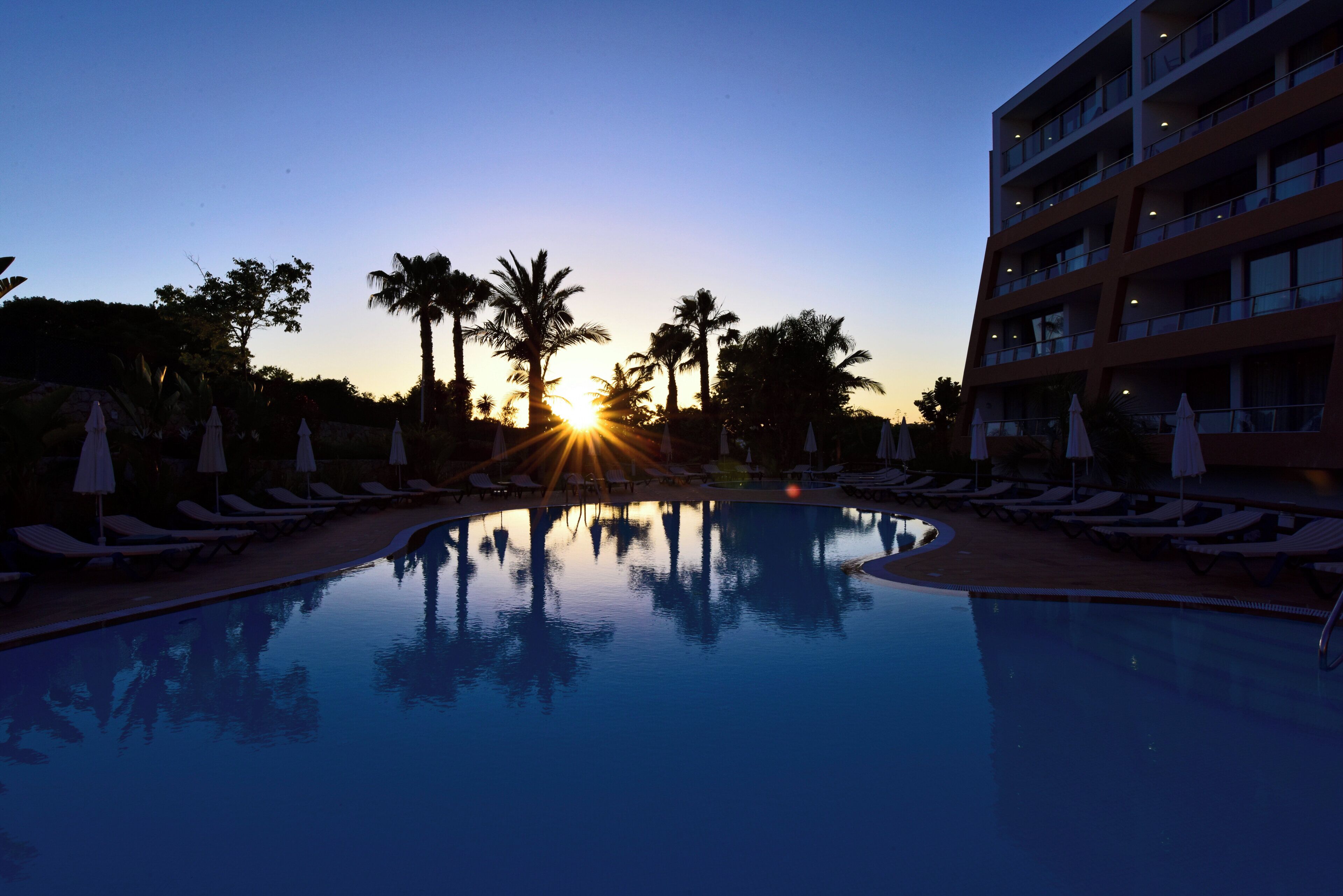 A pool with lounge chairs and umbrellas, palm trees, and a building with balconies.