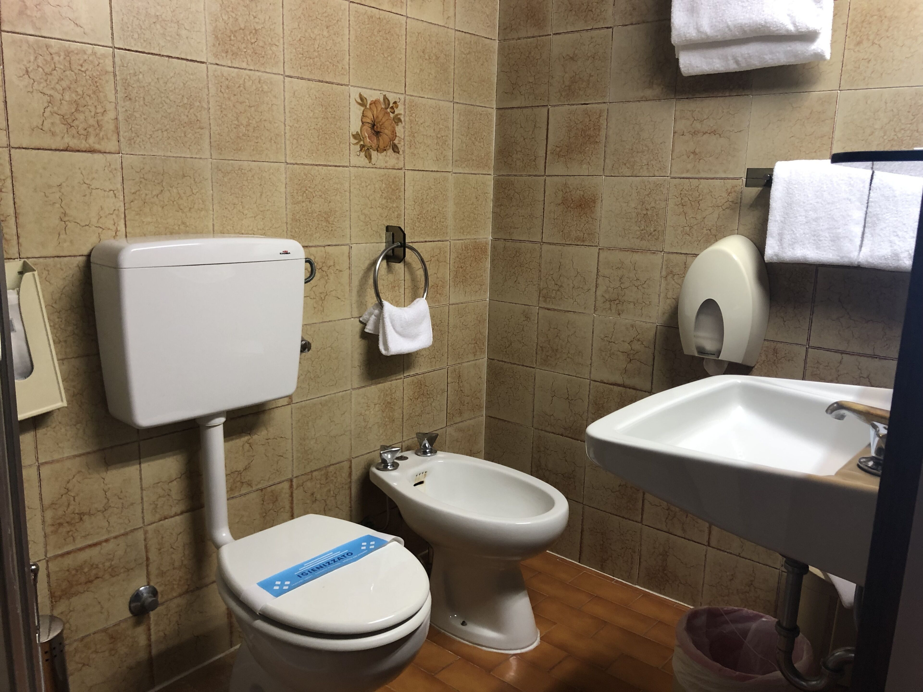 hair dryer, slippers, bidet, towels