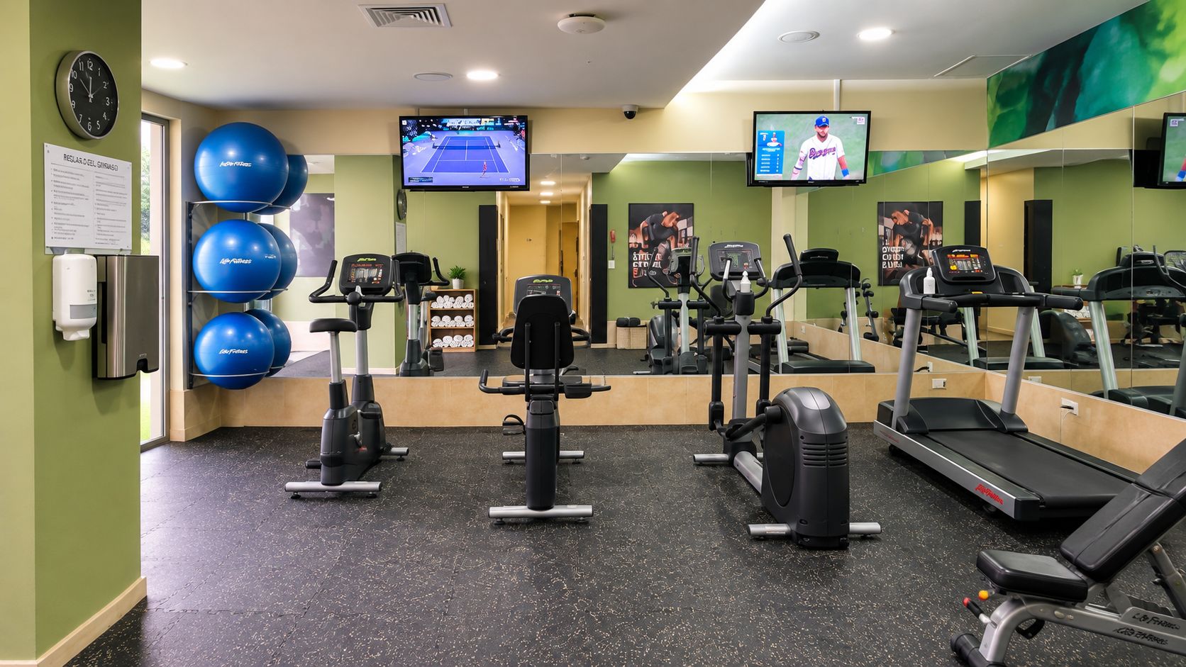 Un gimnasio con equipo de cardio, pelotas de ejercicio y una pantalla de televisión.
