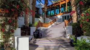 A staircase leading to a building with a wooden railing, surrounded by palm trees and flowering plants. - Park Hyatt Dubai (Dubai)