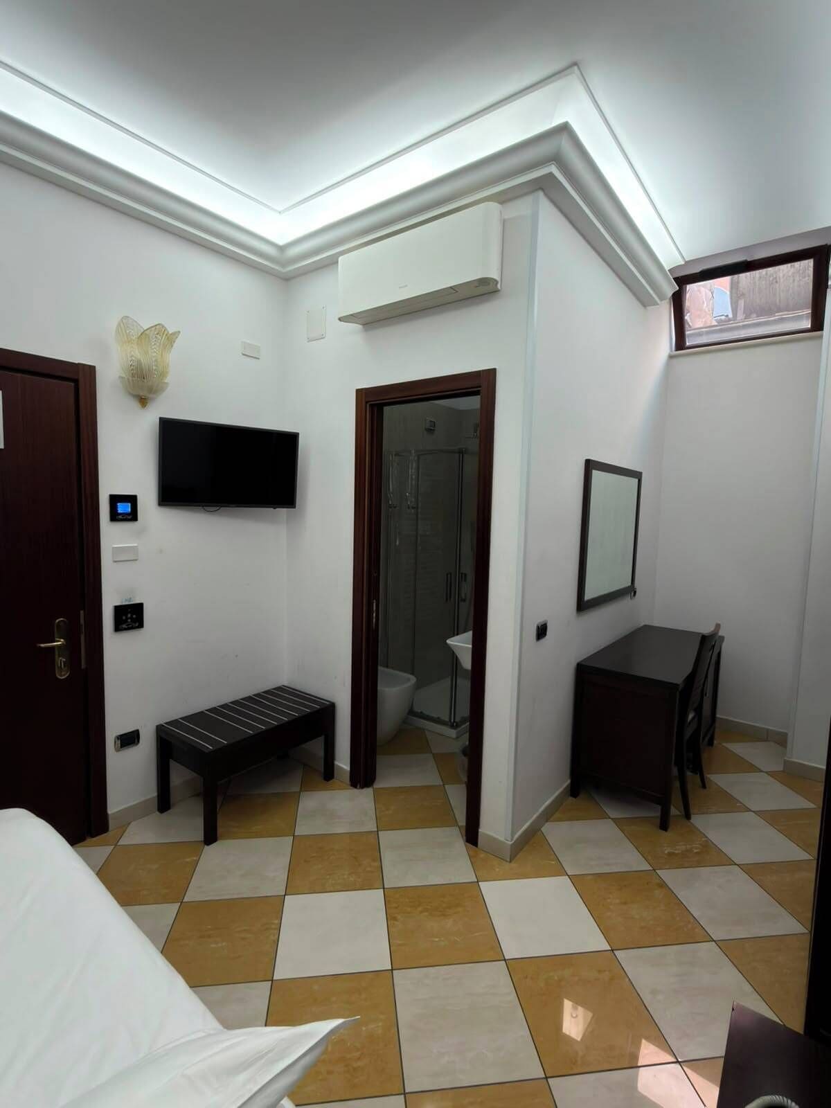 Een hotelkamer met een bed, een bankje, een bureau, een televisie en een douche.