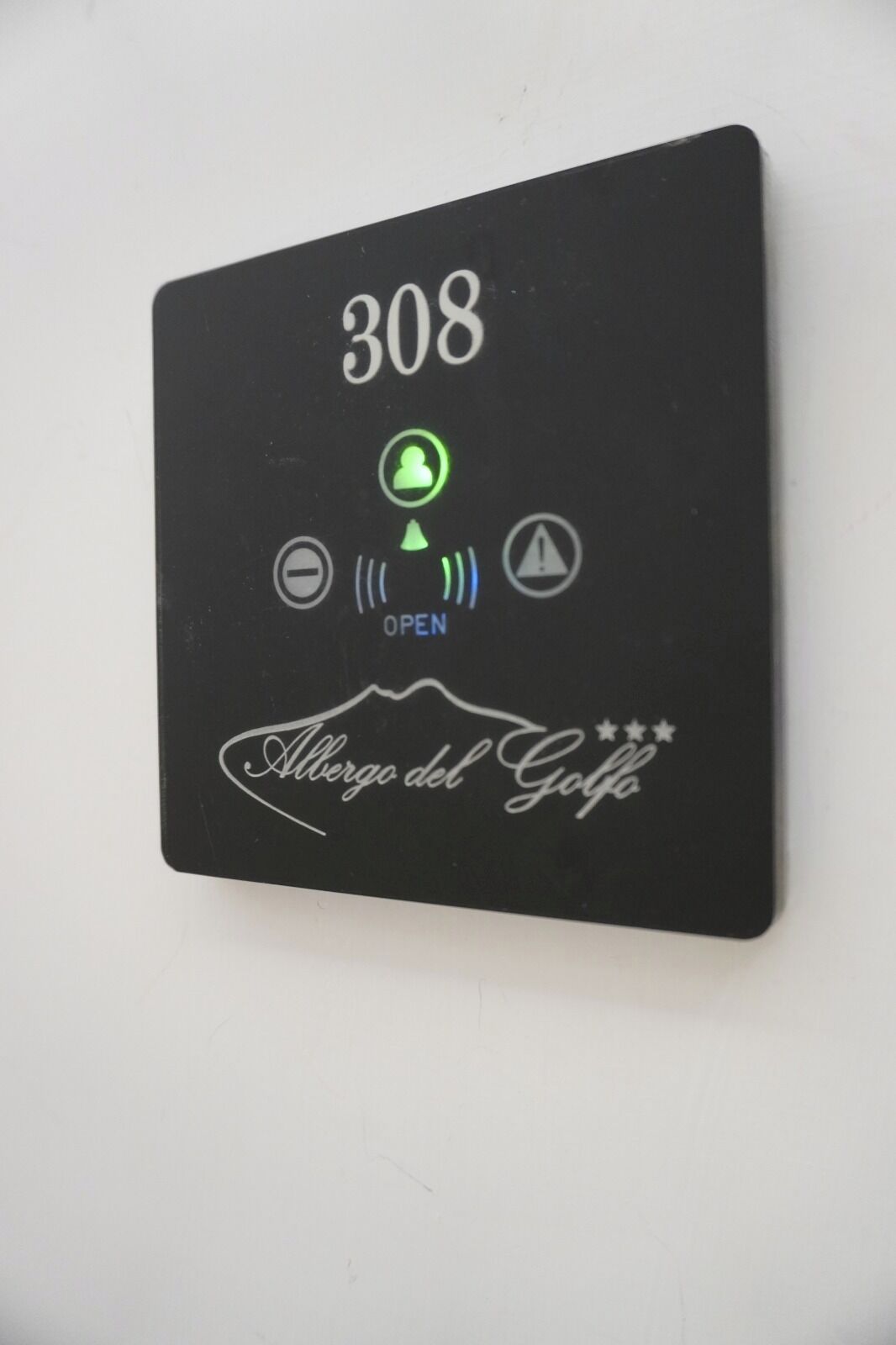 Ein schwarzes, an der Wand befestigtes Schild mit der Nummer 308, einem grünen Symbol für eine Person, einem Symbol für eine geschlossene Tür und einem Warnzeichen.