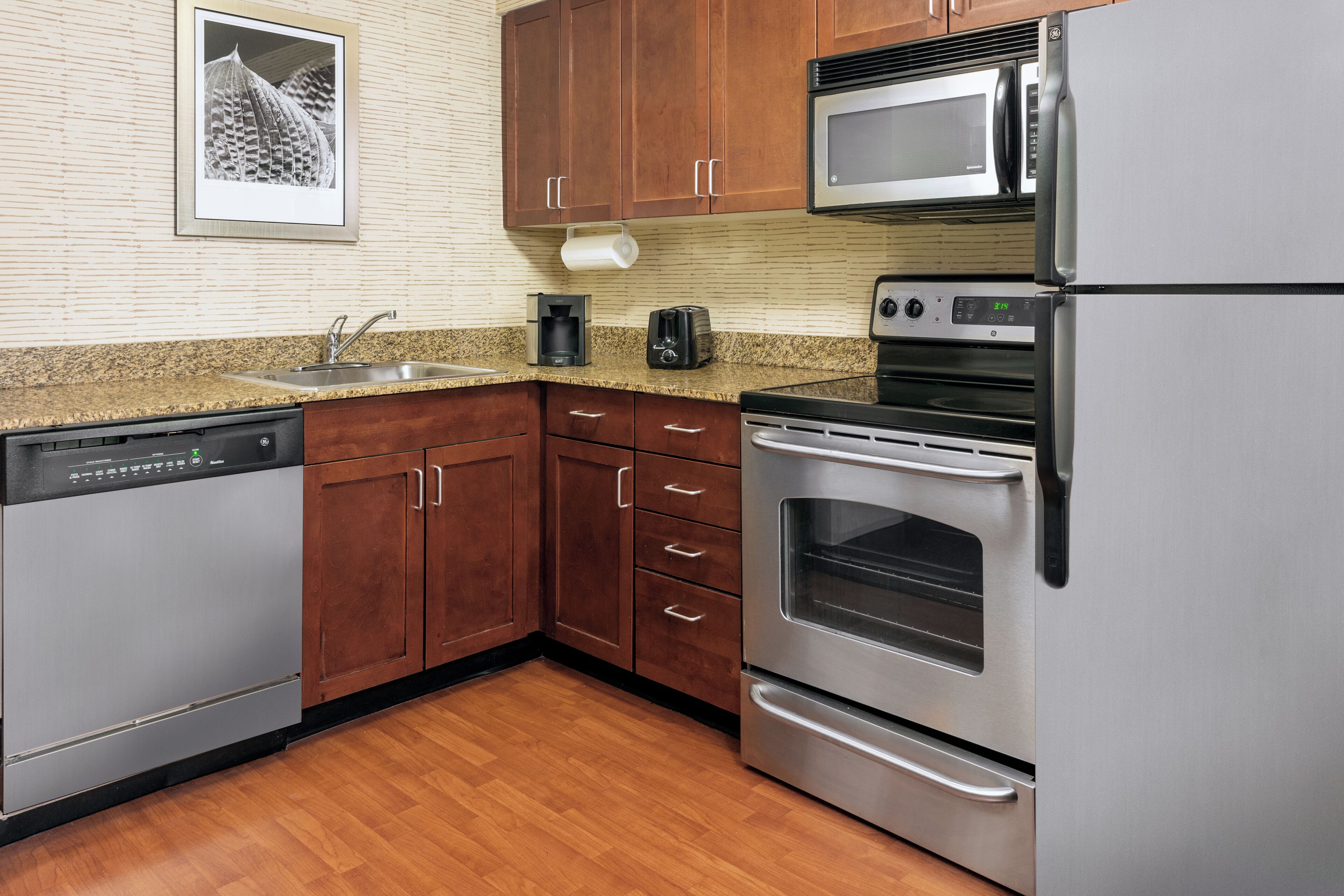 premium bedding, desk, laptop workspace, blackout curtains