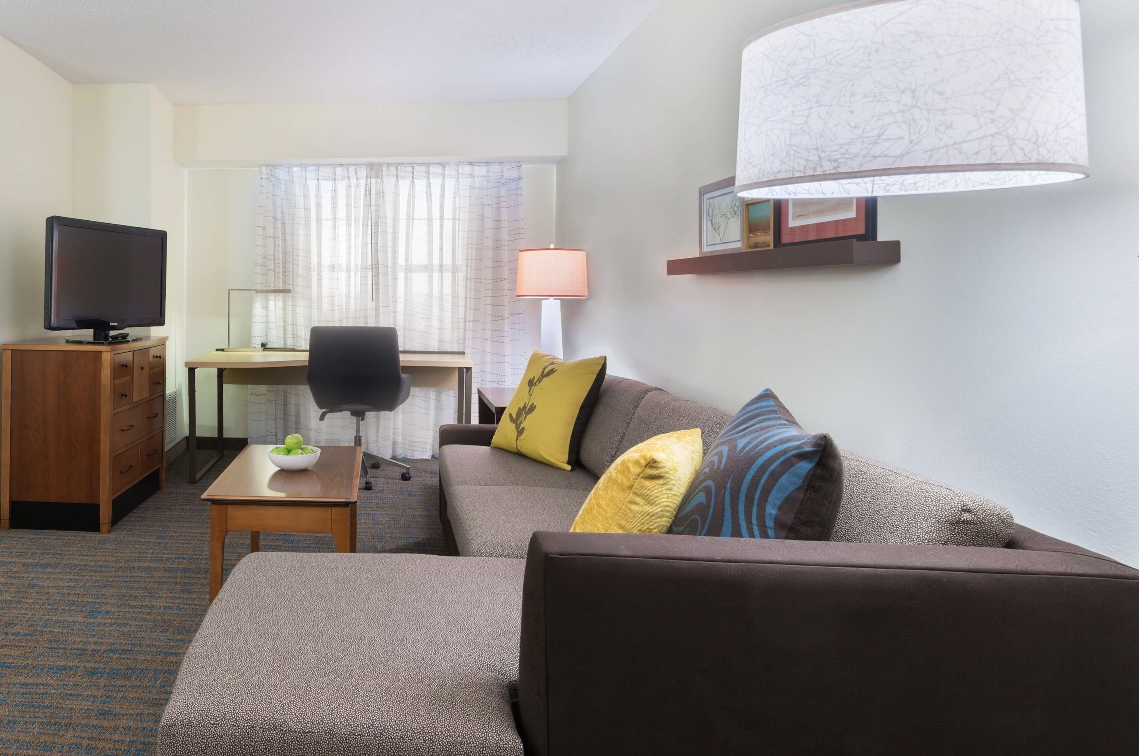 premium bedding, desk, laptop workspace, blackout curtains