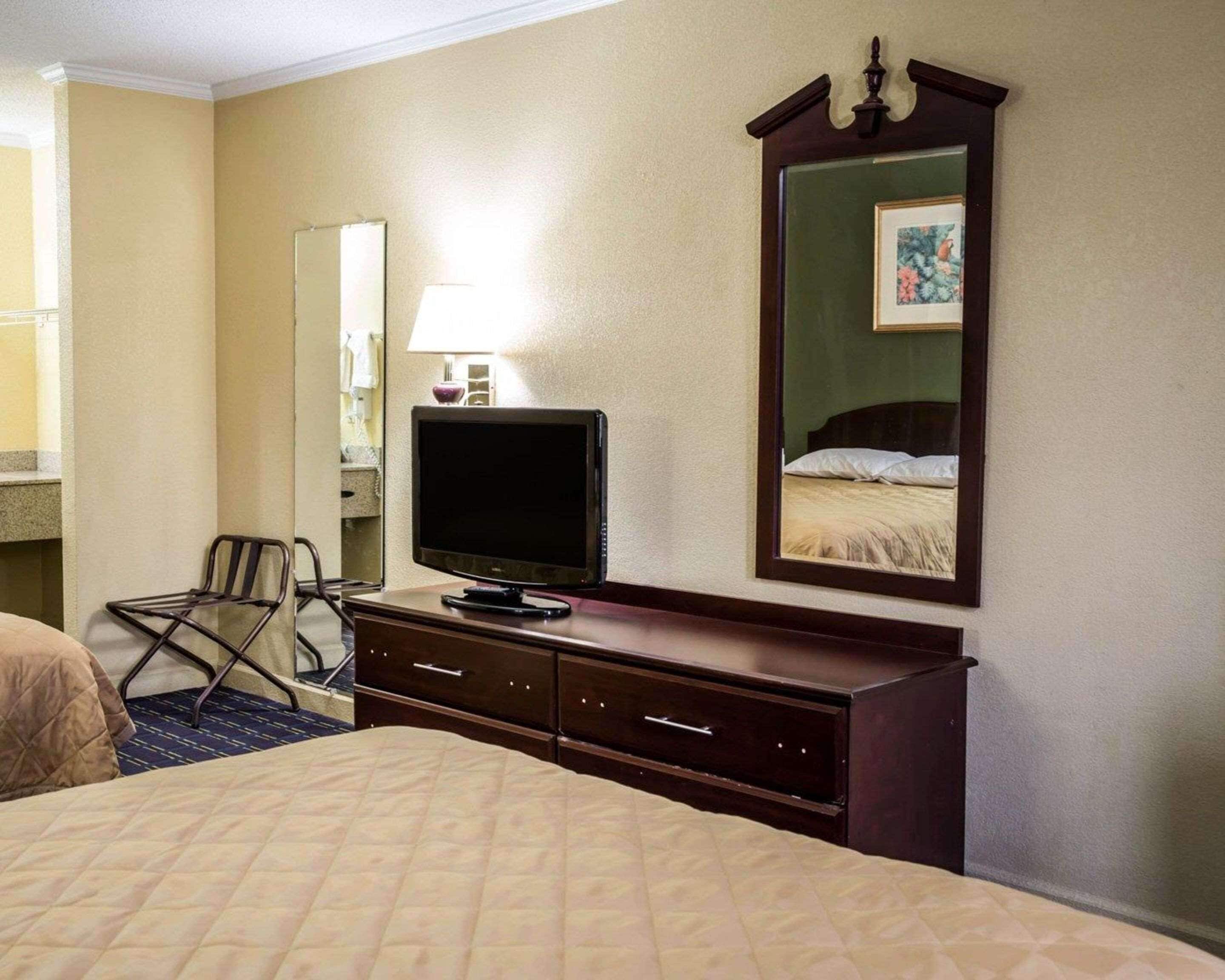 Una habitación de hotel con cama, televisor en una cómoda, espejo y lámpara.