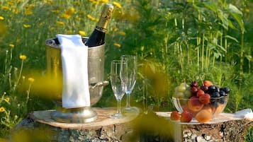 En picknickuppsättning med en champagneflaska, två glas och en skål med frukt placerad på en trädstam.
