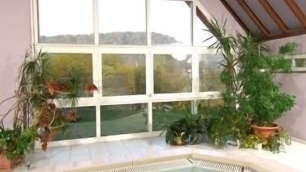 A hot tub area with a large window and potted plants. - Auberge d'Imsthal (La Petite-Pierre)