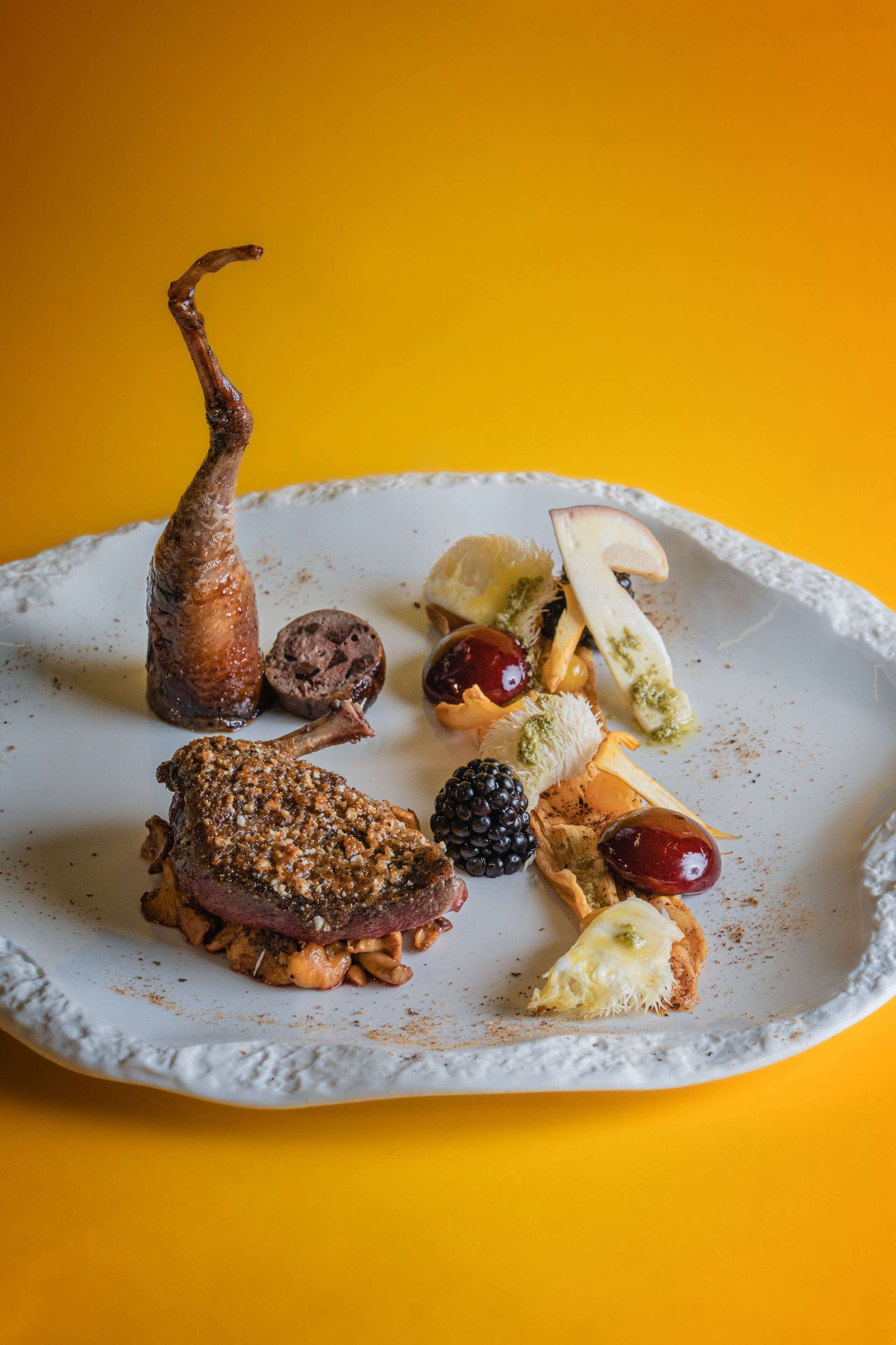 Un plato blanco con diversos alimentos, incluyendo un pato asado, setas y bayas, sobre un fondo amarillo.