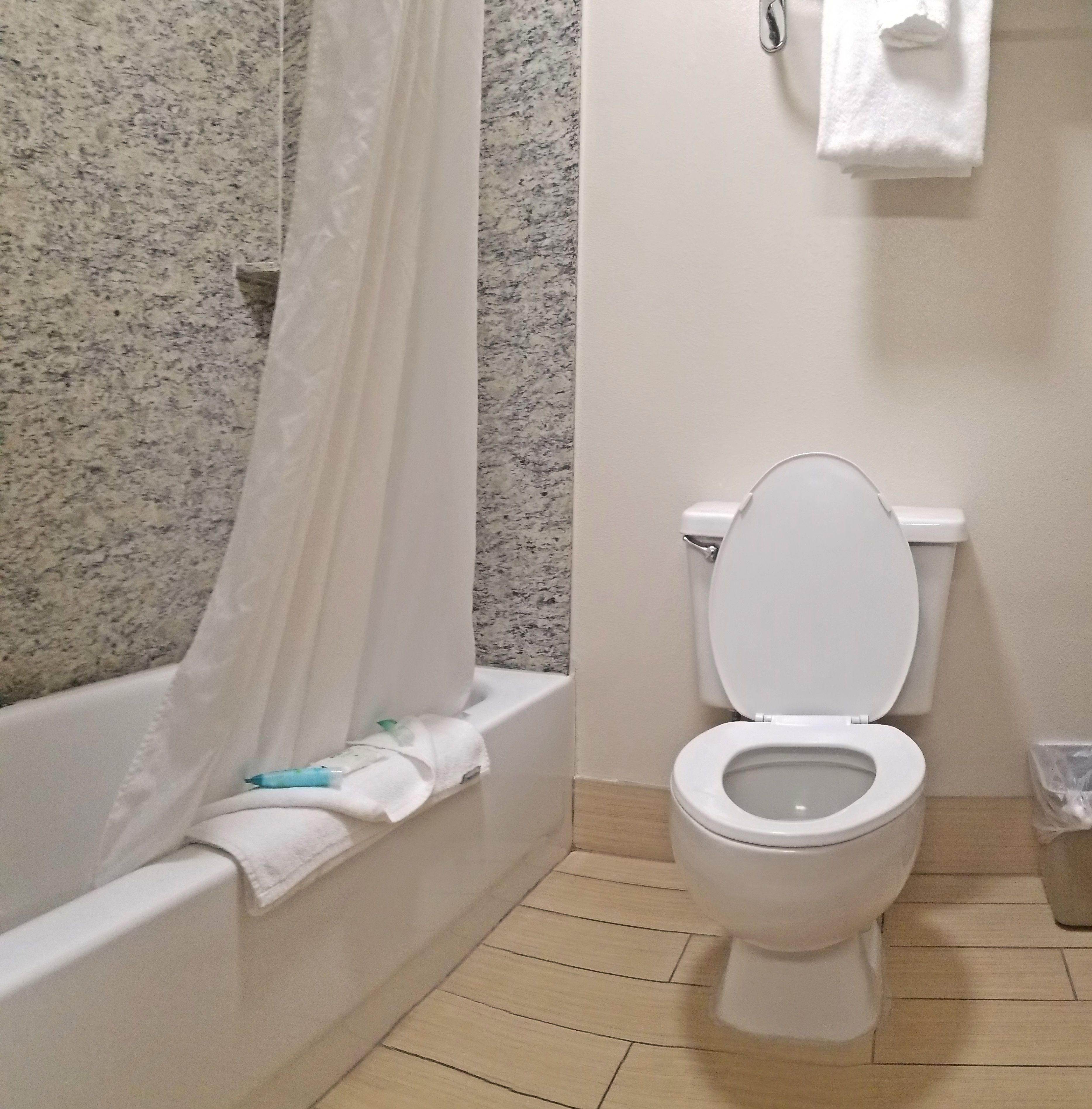 combined shower/bathtub, hair dryer, towels